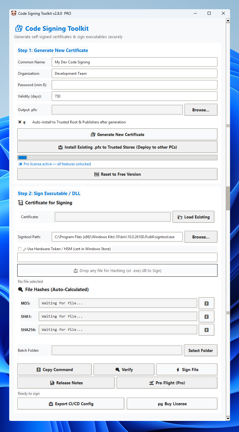 Code Signing Toolkit Pro Application Window