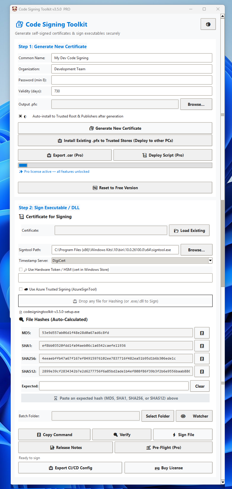 Code Signing Toolkit Pro Application Window