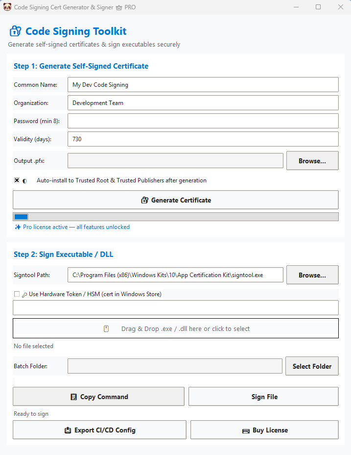 Code Signing Toolkit Pro Application Window